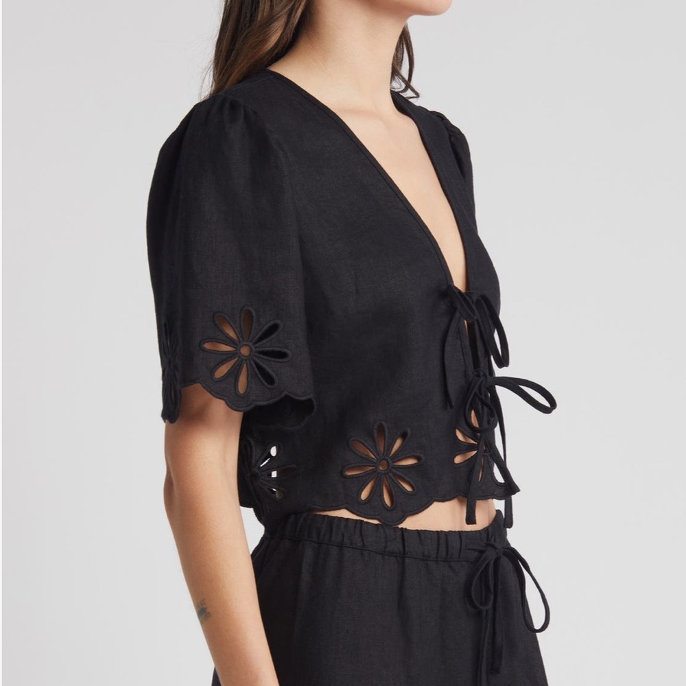 Rails Pari Eyelet Tie Front Linen Crop Top Black Size XL - Picture 4 of 5